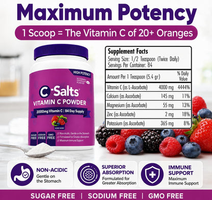 C-Salts Buffered Vitamin C Powder - Pure Organic, Stomach Friendly Ascorbic Acid - Mixed Berry, 227 g (84 Servings)