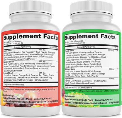 Medical Miracles Fruit and Vegetable Supplement - 90 Veggie + 90 Fruit Capsules (180 Total) - Wholefood Superfoods, 17 Veggies and 17 Fruits for Daily Nutrition