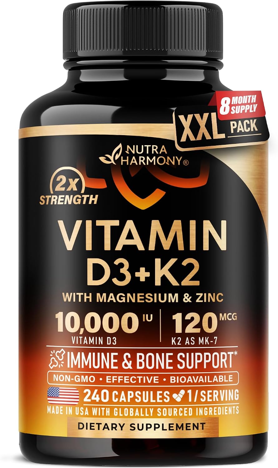 Vitamin D3 10,000 IU & K2 MK-7 with Magnesium, Zinc, Vitamin C, B12 – 240 Capsules - görsel 1