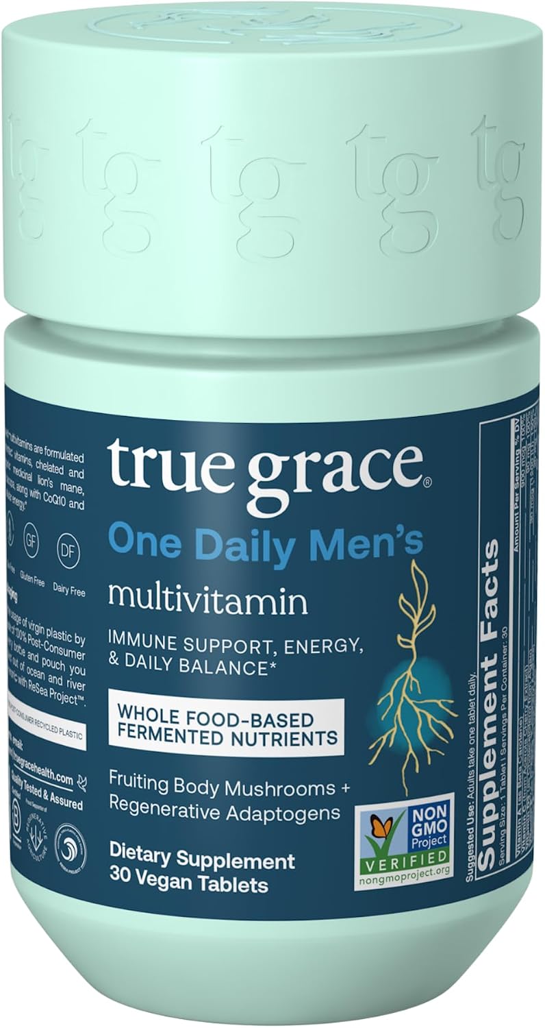 True Grace One Daily Men’s Multivitamin – With Fermented Minerals, Organic Adaptogens & Mushrooms – 30 Vegan Tablets – Image 1