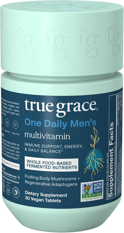 True Grace One Daily Men’s Multivitamin – With Fermented Minerals, Organic Adaptogens & Mushrooms – 30 Vegan Tablets – Image 1