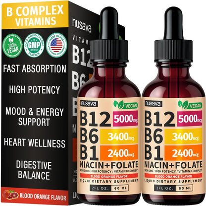NUSAVA Vitamin B1 (Thiamine) & B12 Liquid Drops – Sublingual Methylcobalamin B Complex – Vegan, Non-GMO, Gluten-free – Crimson Orange (2-Pack, 60 ml each)