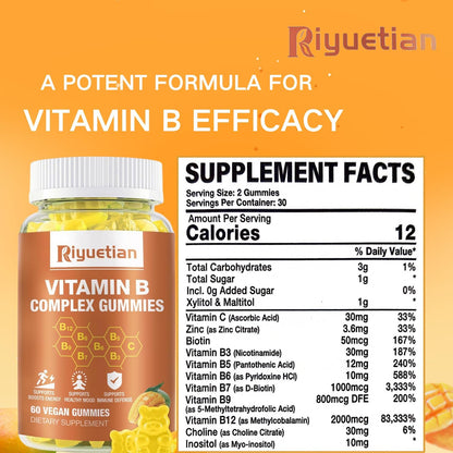 Riyuetian Vitamin B Complex Gummies with Vitamin C, Zinc, Biotin, Choline & Inositol – Contributes to Energy, Mood, Immunity, Healthy Hair & Skin (60 Gummies)
