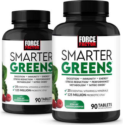 Force Factor Smarter Greens Tablets – Superfood Blend with Probiotics & Adaptogens, 90 Tablets