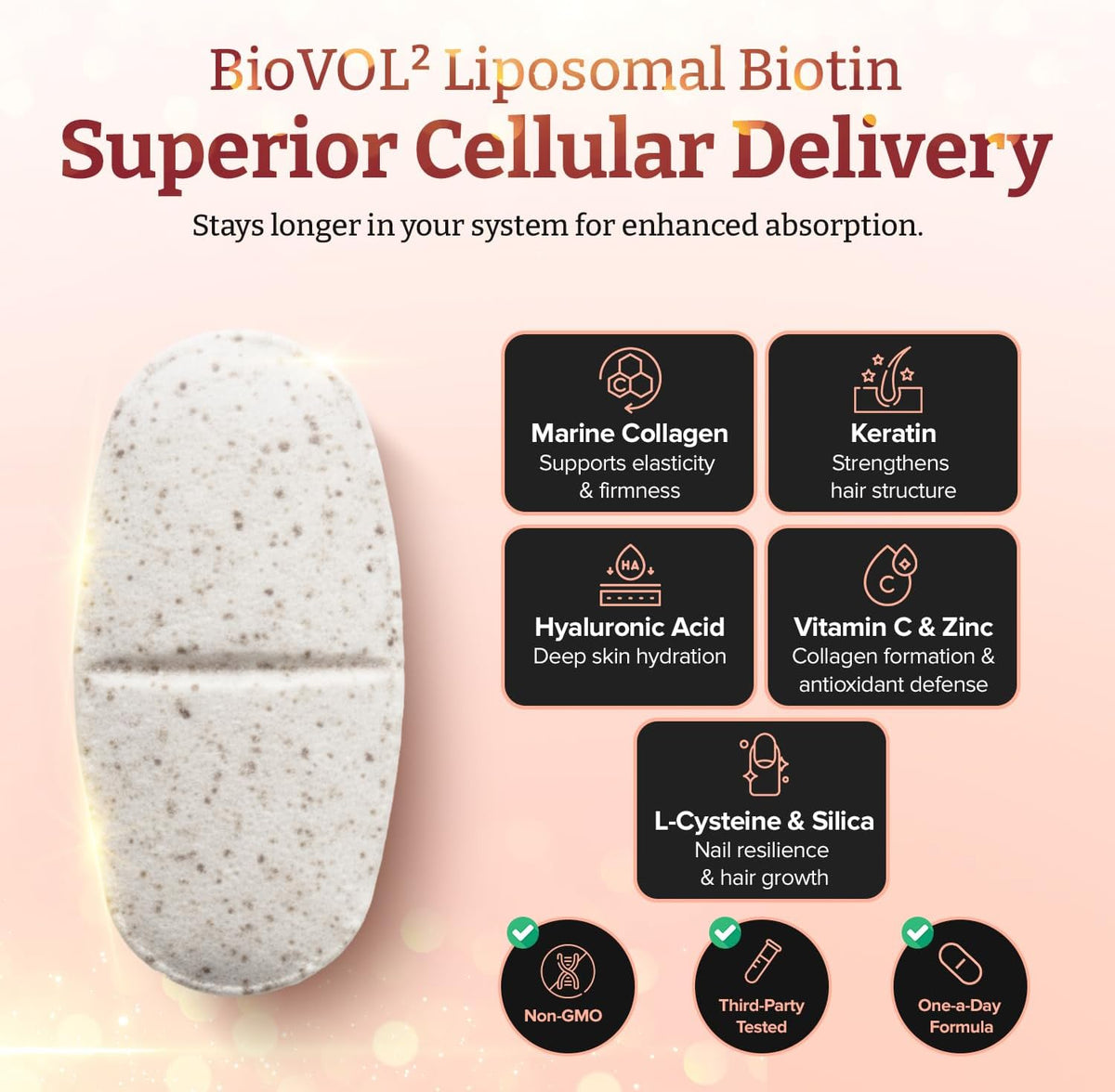 pureclinica 400% Strength Biotin 40,000mcg - 90 Caplets - BioVOL² Liposomal Biotin Complex with Marine Collagen, Keratin, Vitamin C and More - 3-Month Supply - görsel 4