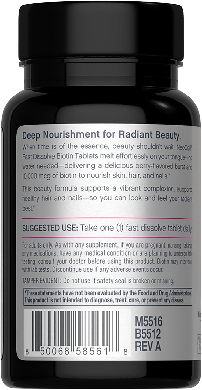 NeoCell Biotin 10000mcg Fast Dissolve Tablets | 180 Count | for Women and Men | Berry Flavour Supplement | Hair, Skin, and Nails - görsel 3