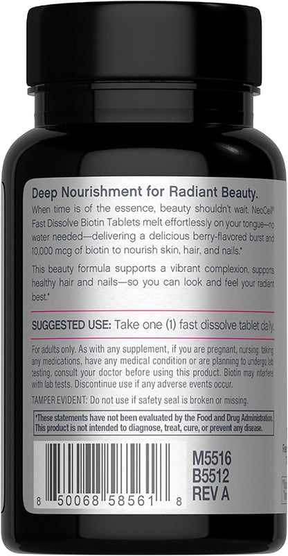 NeoCell Biotin 10000mcg Fast Dissolve Tablets | 180 Count | for Women and Men | Berry Flavour Supplement | Hair, Skin, and Nails