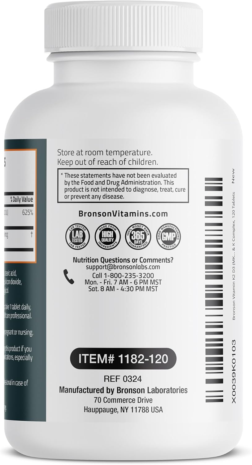 Bronson Vitamin K2 D3 (MK7) Supplement Non-GMO Formula Vitamin D3 5000 IU (125 mcg) & 90 mcg K2 MK-7, Easy to Swallow D & K Complex, 120 Tablets - görsel 7