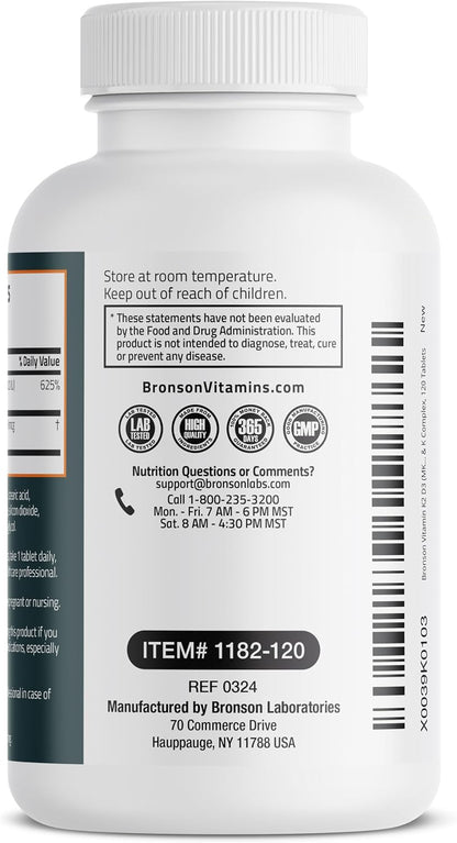 Bronson Vitamin K2 D3 (MK7) Supplement Non-GMO Formula Vitamin D3 5000 IU (125 mcg) & 90 mcg K2 MK-7, Easy to Swallow D & K Complex, 120 Tablets
