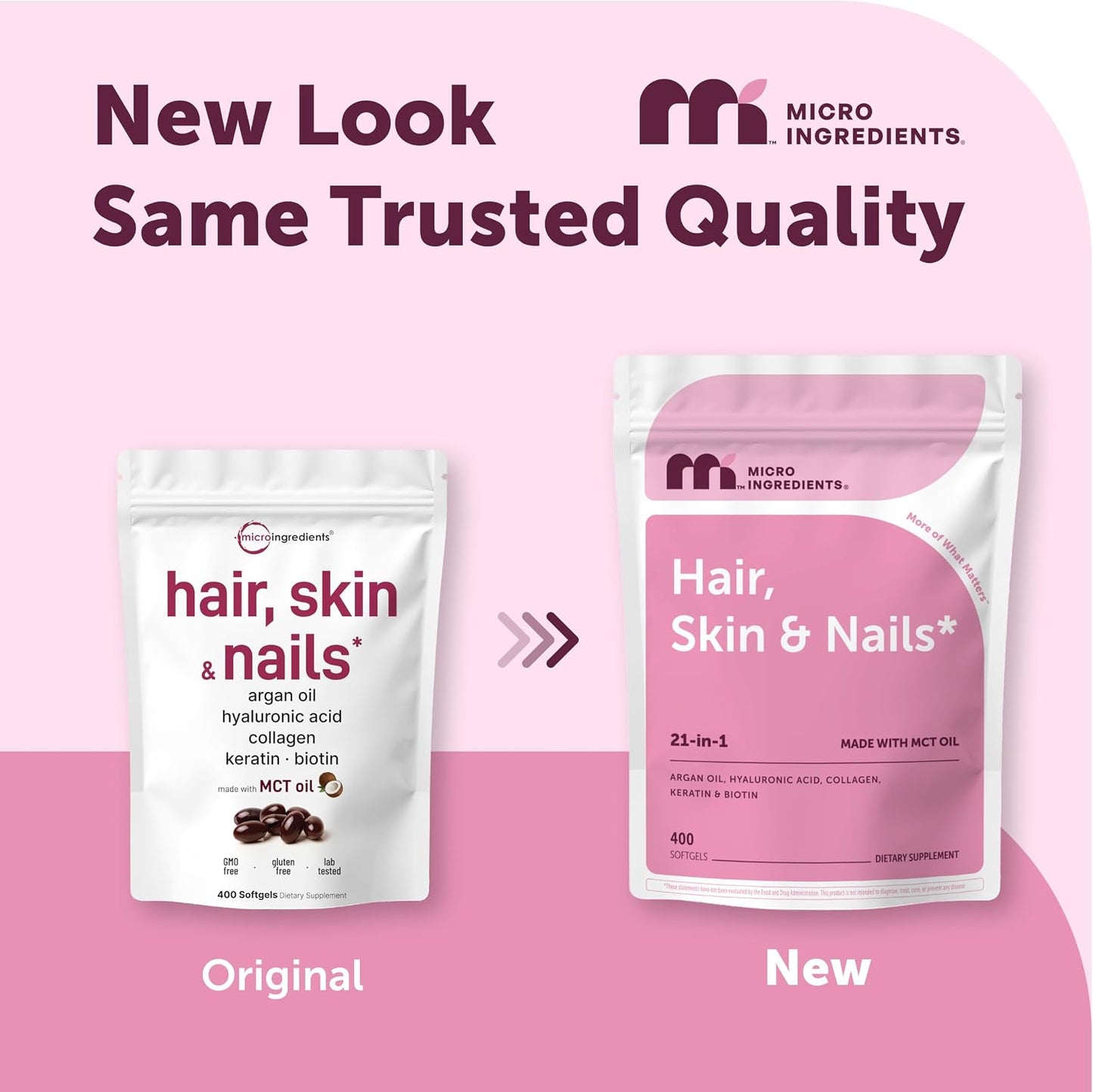 Micro Ingredients Hair, Skin and Nails Vitamins for Women & Men - 400 Soft gel capsules with MCT Oil, 21-in-1 Complex with Argan Oil, Hyaluronic Acid, Collagen, Keratin & Biotin - Non-GMO, Gluten-free - görsel 2