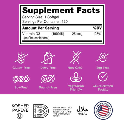 Zahler Advanced Vitamin D3 1000 IU Softgels (120 Count) - Kosher, Non-GMO