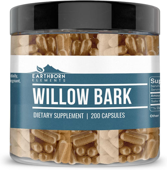 Earthborn Elements Pure Willow Bark Extract (200 Capsules) – No Additives, Undiluted