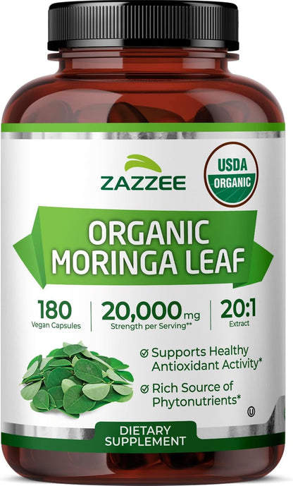 Zazzee Certified Organic Moringa Leaf 20:1 Extract - 180 Vegan Capsules
