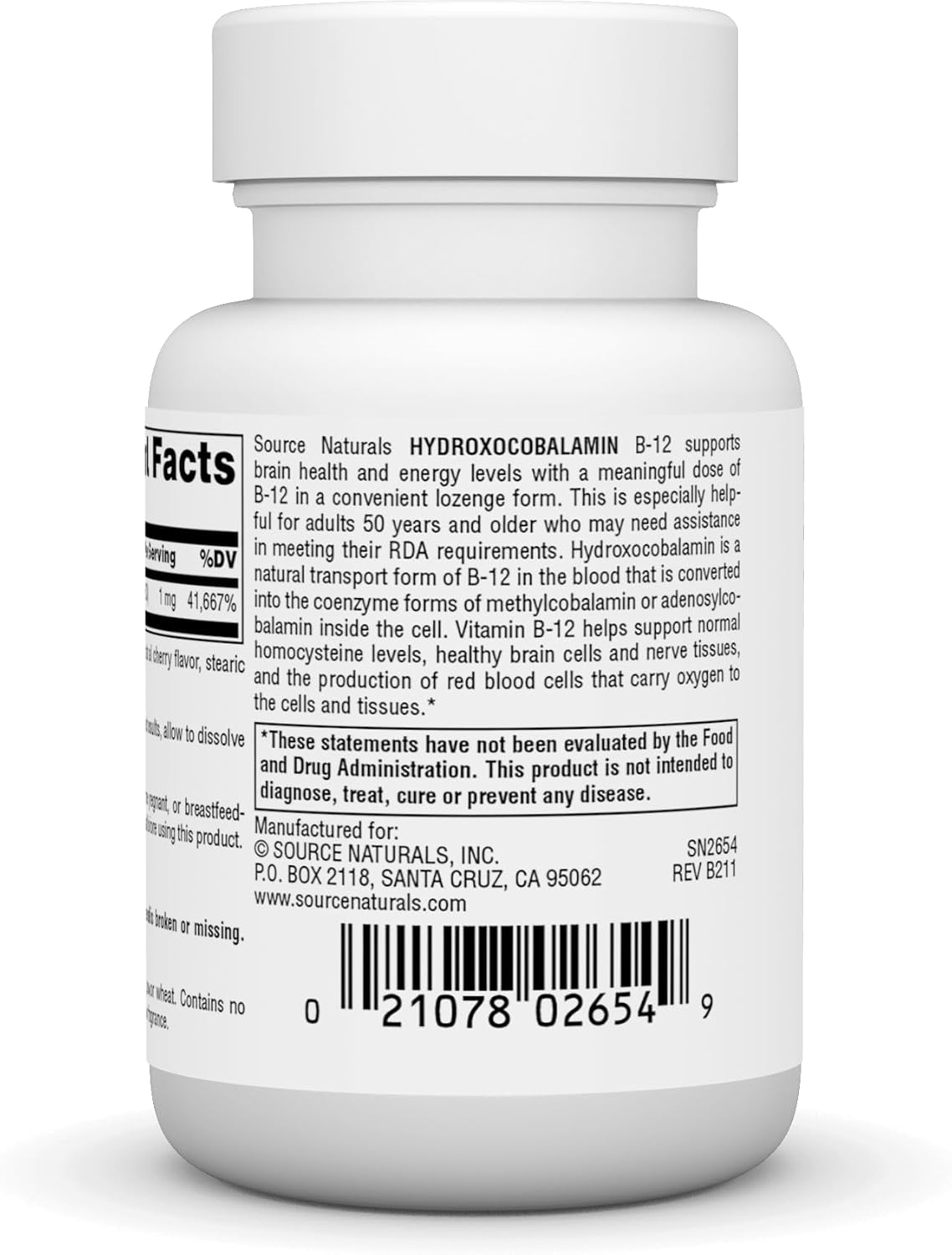 Source Naturals Hydroxocobalamin, Vitamin B-12, 1 mg - 60 Cherry Flavoured Lozenges - görsel 3