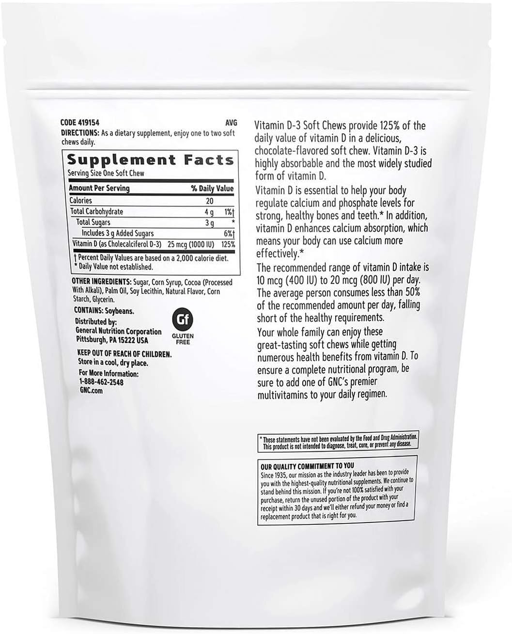 GNC Vitamin D-3 Soft Chews 1000 IU - Provides 125% Daily Value of Vitamin D - Chocolate (60 Soft Chews) - görsel 2