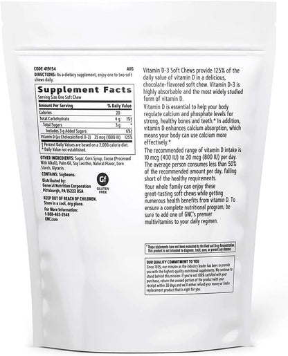 GNC Vitamin D-3 Soft Chews 1000 IU - Provides 125% Daily Value of Vitamin D - Chocolate (60 Soft Chews)