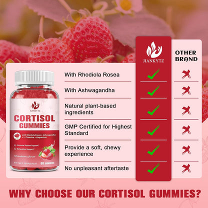 Cortisol Gummies for Women with Ashwagandha, Rhodiola Rosea, L-Theanine, Magnesium, Vitamin D3 for Sleep Support, Balanced Cortisol, Vegan, 60 Gummies