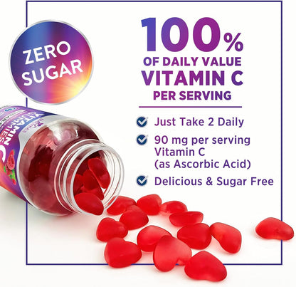 Zero Sugar Vitamin C Gummies – Immune Support & Antioxidant Supplement – Vegan, Non-GMO, Gluten-Free – Raspberry Flavour (60 Count)