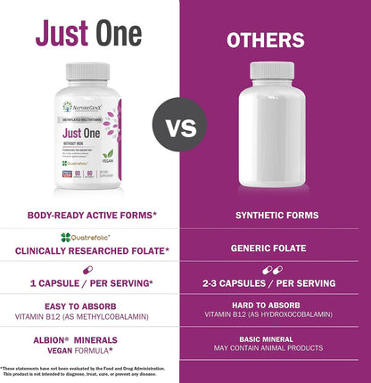 NatureGenX Just One Daily Methylated Multivitamin – Iron-Free with Methyl B12 & Methylfolate – Methylation Support for Men & Women – Vegan, Gluten-Free, Non-GMO – 60 Capsules (2-Month Supply)