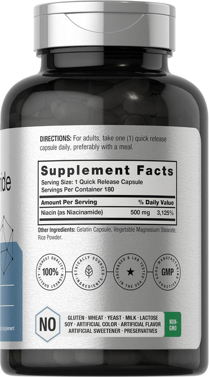 Horbäach Nicotinamide 500mg | 180 Capsules | Flush Free Food Supplement