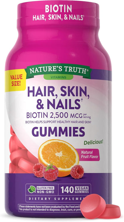 Nature's Truth Hair, Skin and Nails Gummies with Biotin - 140 Count - Vegan, Non-GMO, Gluten-free