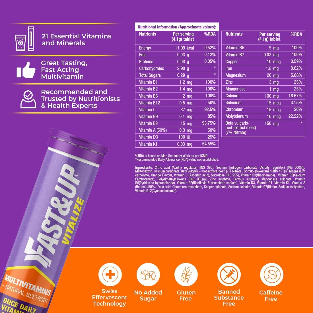 Fast & Up Vitalize Multivitamin Supplement - 60 Effervescent Tablets - Orange Flavour - görsel 5