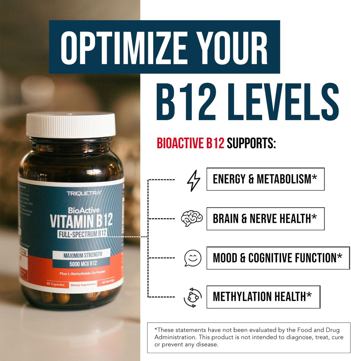 BioActive Vitamin B12 - 5000 µg with Methylfolate - 3 BioActive Forms - Vegan, Non-GM (60 Servings) - görsel 5