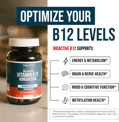 BioActive Vitamin B12 - 5000 µg with Methylfolate - 3 BioActive Forms - Vegan, Non-GM (60 Servings)