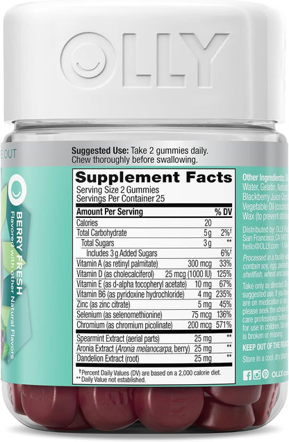 OLLY Flawless Complexion Gummy, Skin Support with Vitamins A, E & Zinc, Chewable Supplement, Berry Flavour, 50 Gummies
