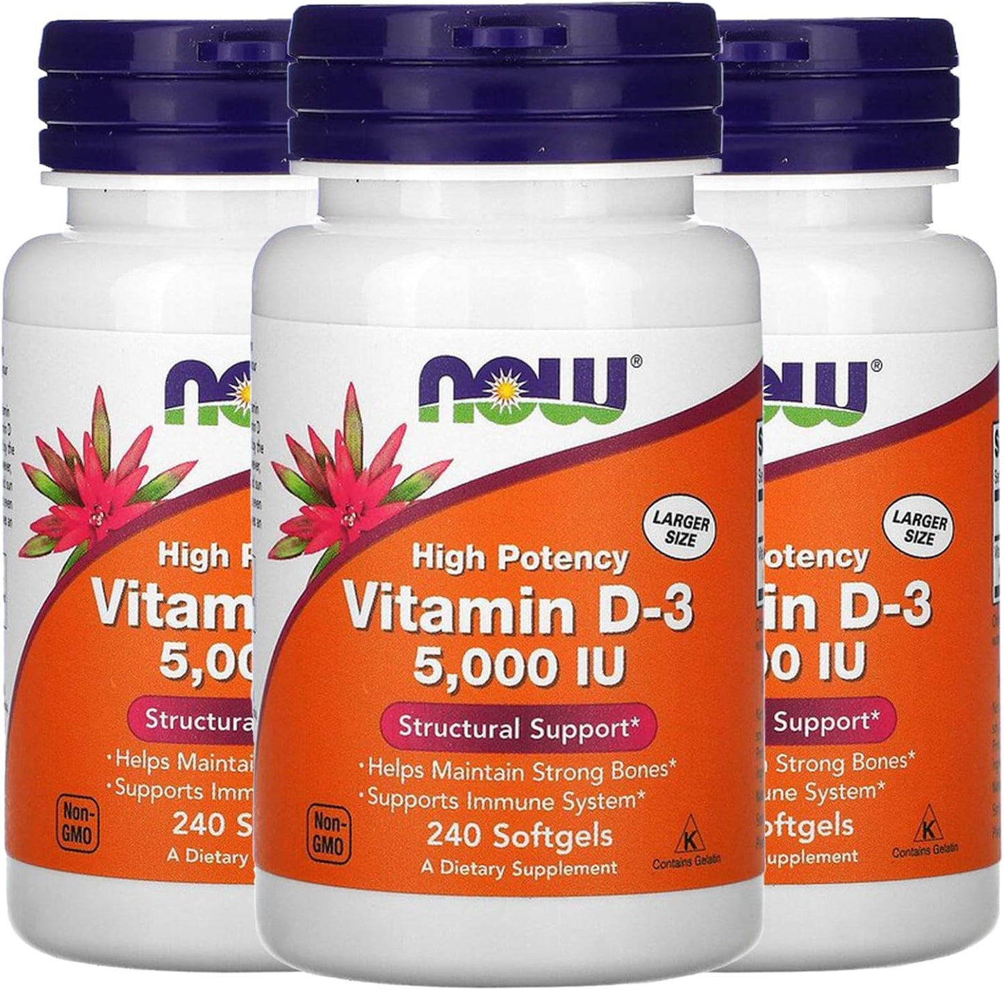 NOW Foods Vitamin D-3 5000 IU, 240 Softgels, Pack of 3 - görsel 1