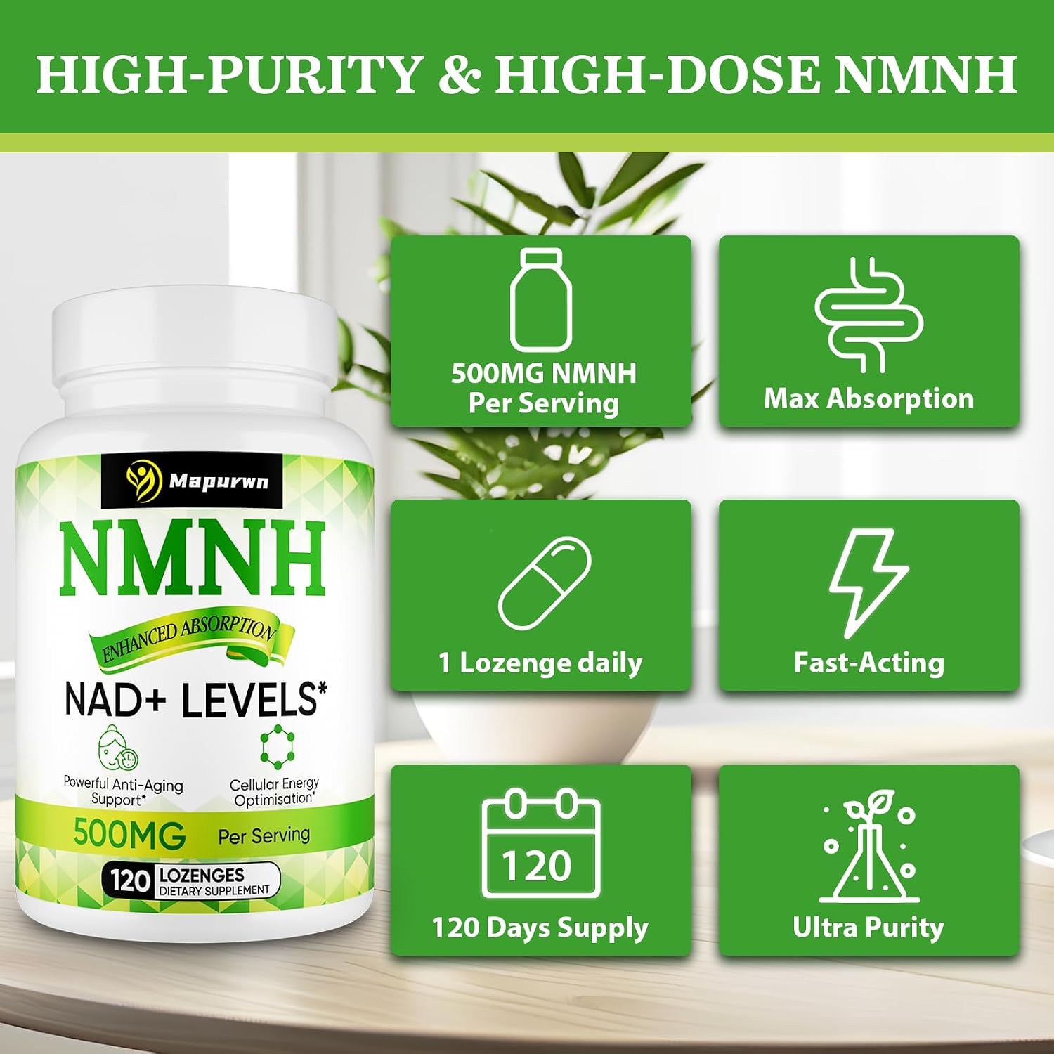 Mapurwn NMNH (Dihydronicotinamide Mononucleotide) - 500mg NAD+ Food Supplement, 120 Lozenges - görsel 9