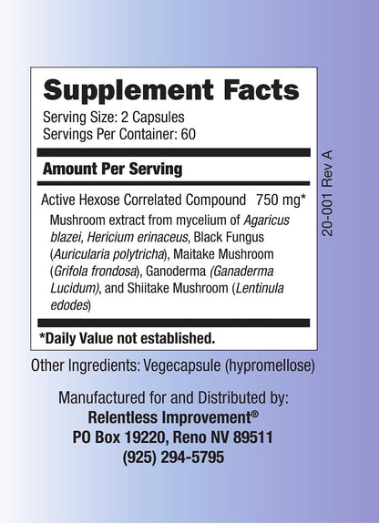 Active Hexose Correlated Compound Natural Immune Support Mushroom Extract Blend, 120 Capsules