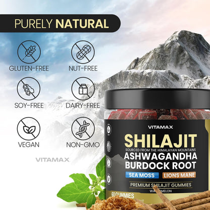 Pure Shilajit Gummies - Sea Moss, Ashwagandha, 85+ Trace Minerals - Watermelon Flavour - 60ct