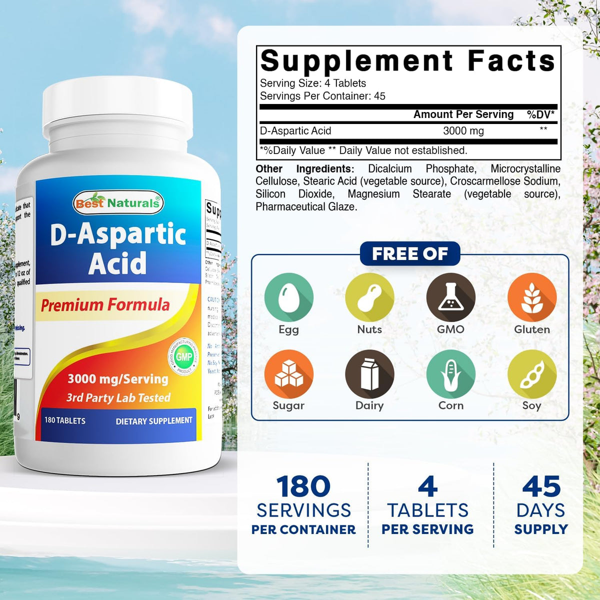 Best Naturals D-Aspartic Acid (DAA) 3000mg per Serving – Non-GMO & Gluten-free – 180 Tablets – Image 2