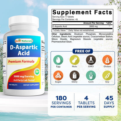 Best Naturals D-Aspartic Acid (DAA) 3000mg per Serving – Non-GMO & Gluten-free – 180 Tablets – Image 2