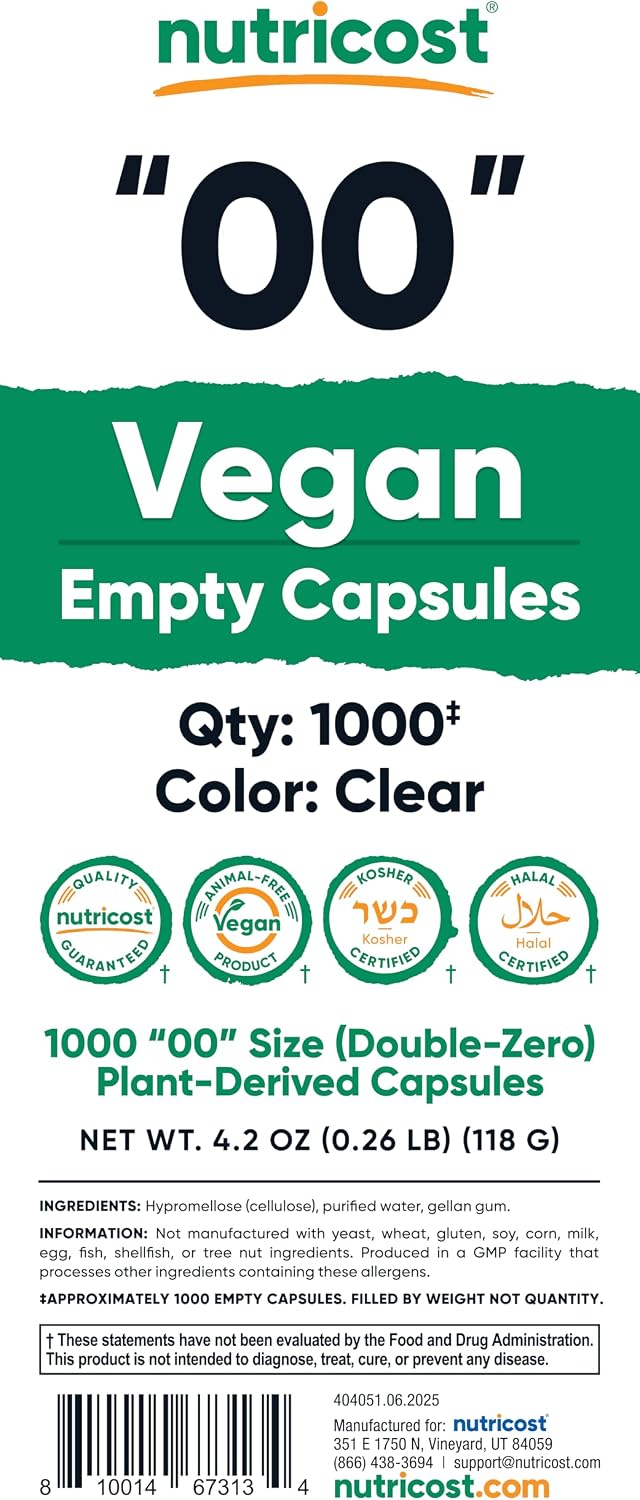 Nutricost Empty Capsules Size 00 Vegan - 1000 Clear Plant-Based Capsules - görsel 3
