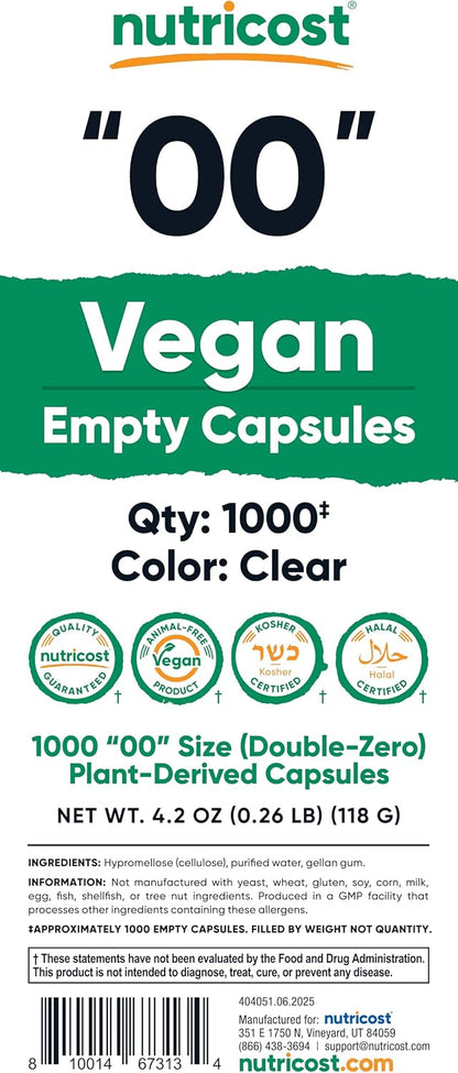 Nutricost Empty Capsules Size 00 Vegan - 1000 Clear Plant-Based Capsules
