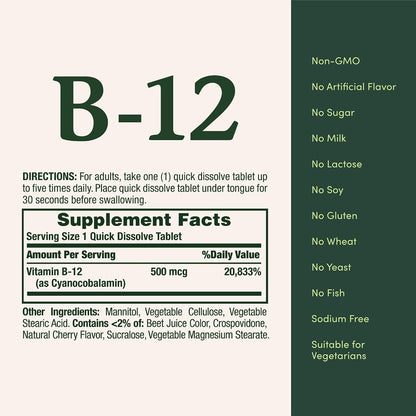 Nature's Bounty Vitamin B12 500mcg Quick Dissolve Tablets, 100 Count