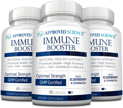 Approved Science Immune Booster - Extra Strength Support - Elderberry, Echinacea, Vitamin D3 & C, Zinc - All Natural - 60 Capsules