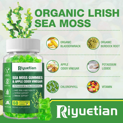 Sea Moss Gummies - 60 Count - Natural Apple Flavour - with Bladderwrack & Burdock Root - Vegan, Non-GMO