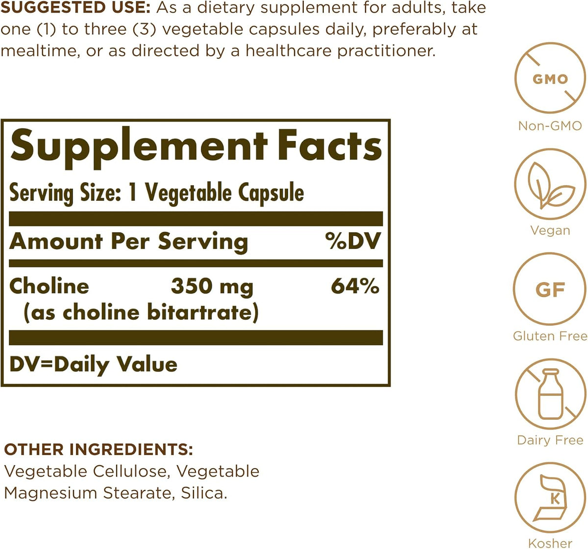 Solgar Choline 350 mg, 100 Vegetable Capsules – Non-GMO, Vegan, Kosher - görsel 2