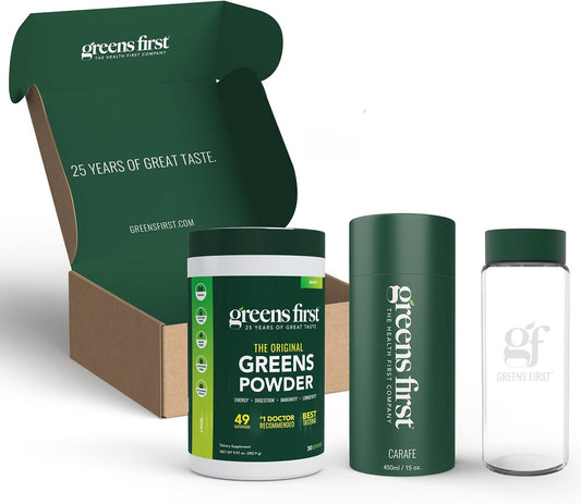 Greens First 25th Anniversary Gift Set – Organic Mint Greens Powder & Borosilicate Glass Carafe (30 Servings)