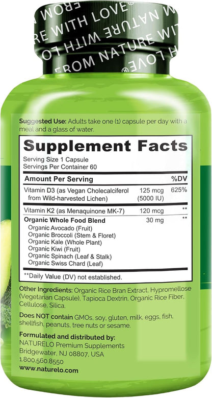 NATURELO Vitamin D3 & K2 - Vegan with Plant-Based D3 from Lichen - Food Supplement for Immune Support, Bone Health, and Heart Health* - Non-GM - Gluten-free - 60 Capsules