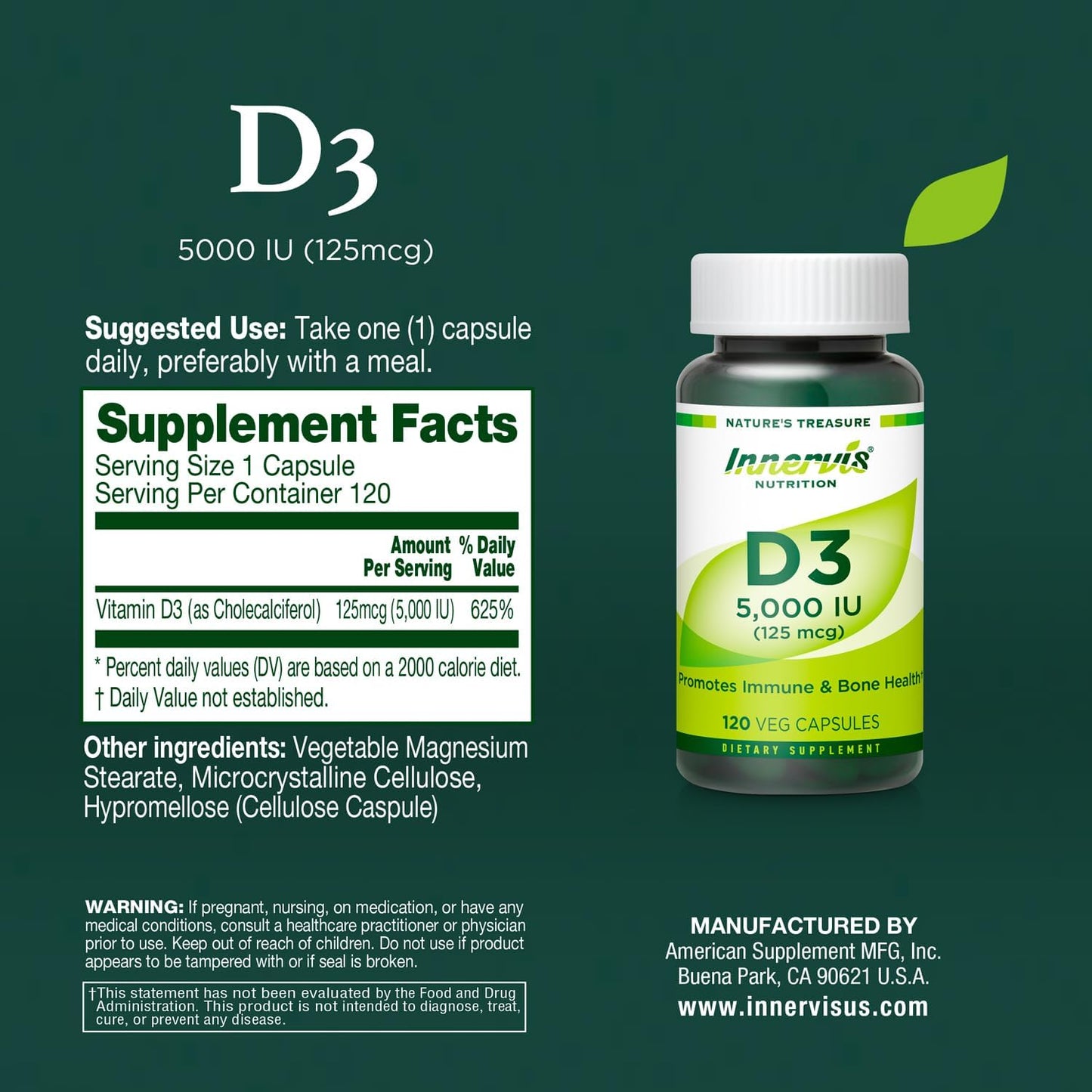 High Potency Vitamin D3 5000 IU – Immune Support & Bone Health, 120 Vegetarian Capsules - görsel 8