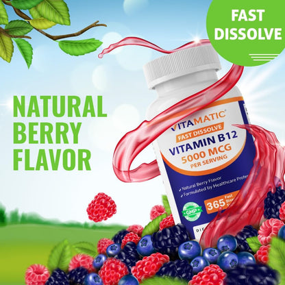 Vitamatic Vitamin B12 5000 mcg – 365 Fast Dissolve Tablets Berry Flavour – Supports Energy & Nervous System Health – Non-GMO, Gluten-Free