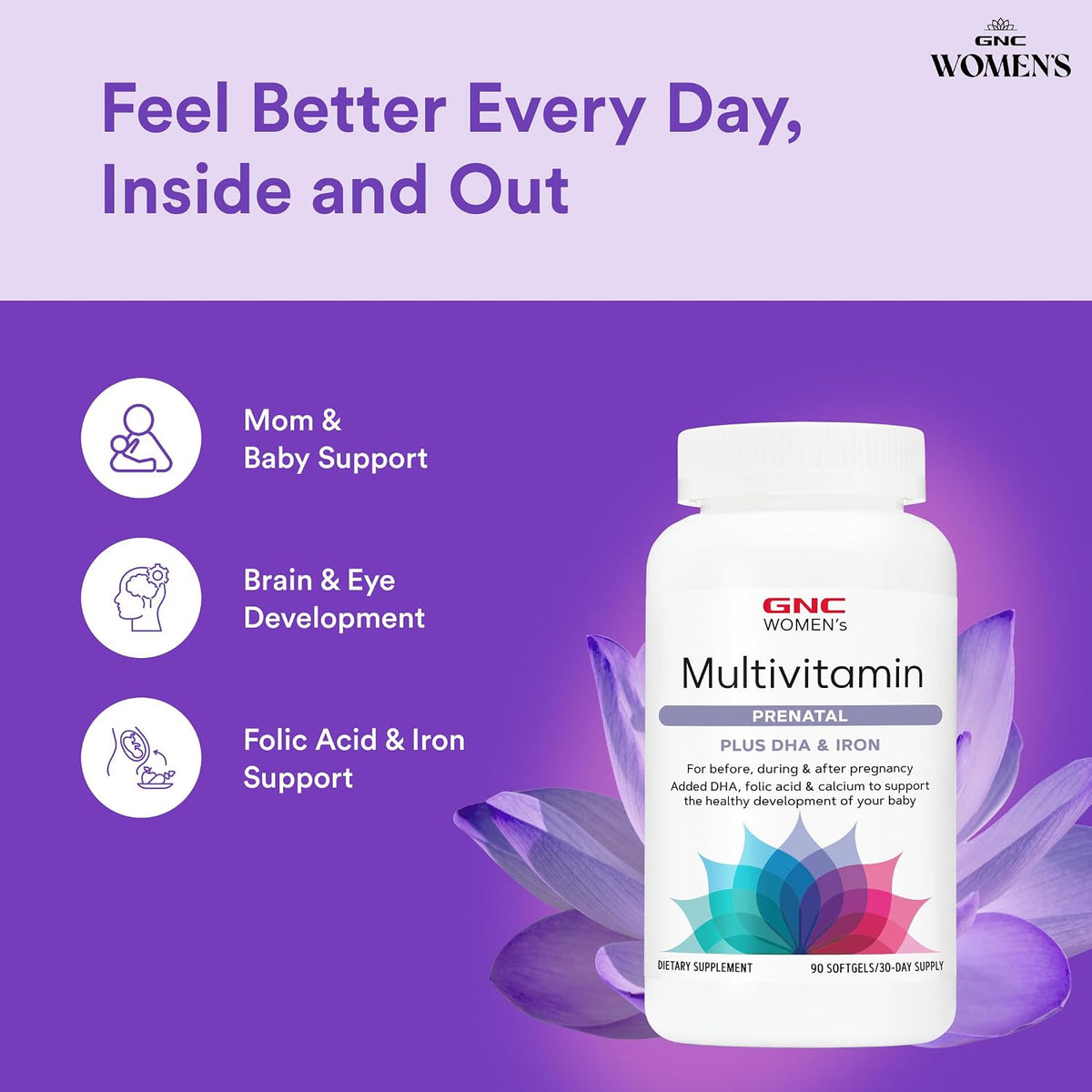 GNC Women's Prenatal Multivitamin Formula with DHA & Iron, Supports Pregnancy and Healthy Foetal Development, Essential Nutrients Folic Acid, Zinc, Calcium Plus B Vitamins, 90 Softgels - görsel 3