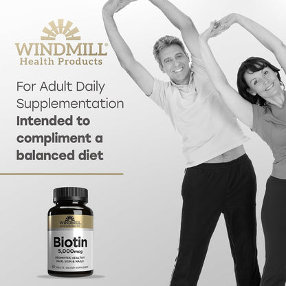 Windmill Natural Vitamins Biotin 5000 mcg, Supports Healthy Hair, Skin and Nails, 60 Tablets
