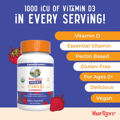 MARYRUTH'S Organic Vitamin D3 Gummies | 1000 IU | USDA Organic | Immune Support | Bone Health | Muscle Function | for Adults & Kids Ages 2+ | Vegan | Gluten-free | 2 Month Supply | 60 Count