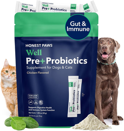 Honest Paws Probiotics for Dogs – Digestive & Immune Support Powder with Prebiotic, Chicken Flavour (30 Sticks)