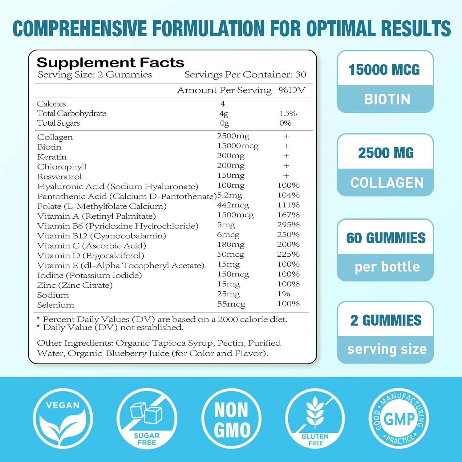 Biotin Gummies with Collagen, Keratin & Hyaluronic Acid - 60 Blueberry Gummies - görsel 2